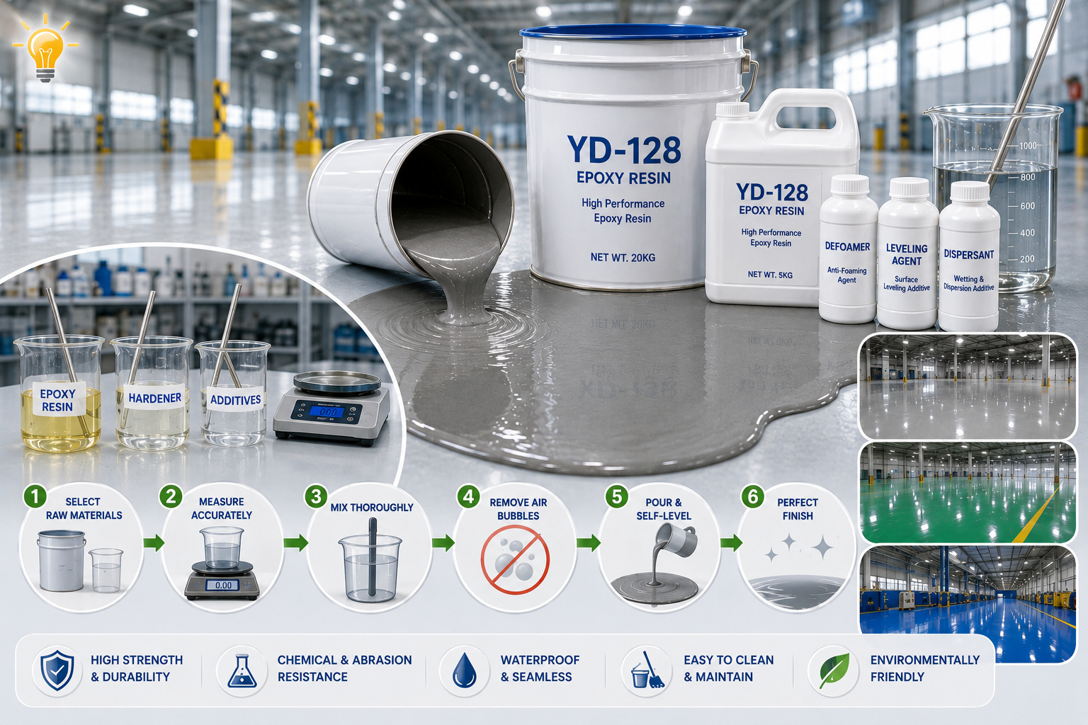 Formulating Solvent-Free Self-Leveling Epoxy Flooring with Kukdo YD-128 Resin & Specialty Additives