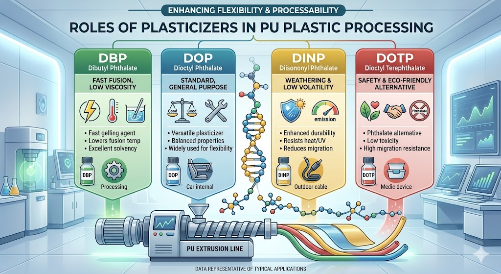 The Role of Plasticizers (DBP, DINP, DOP, DOTP) in the Hardness and Flexibility of PU Plastic